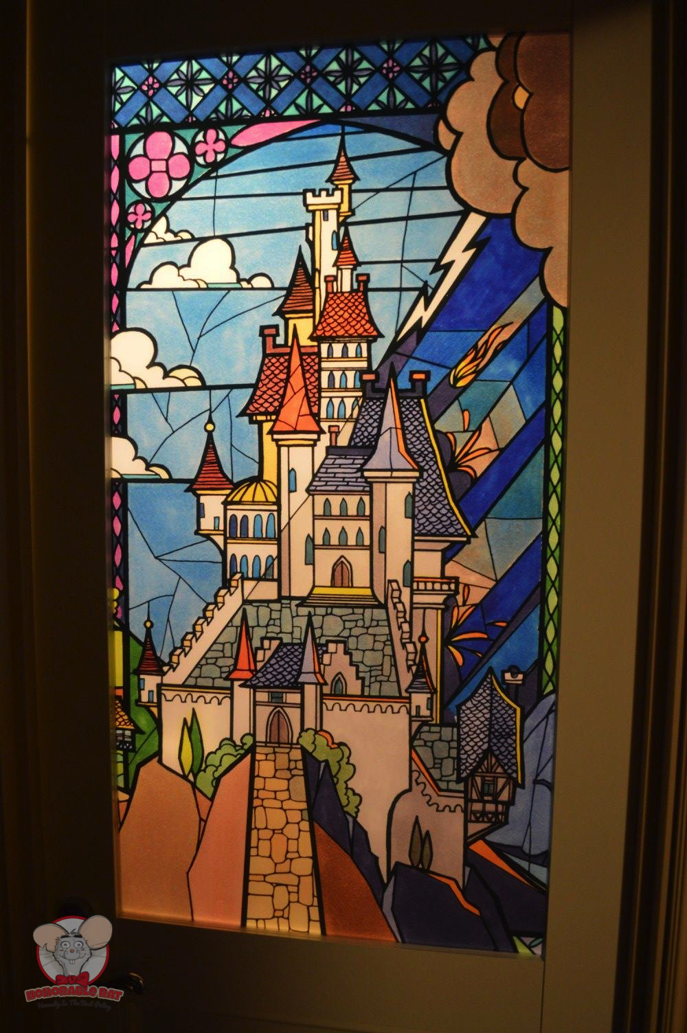 Closer look at the stained glass on the bathroom door