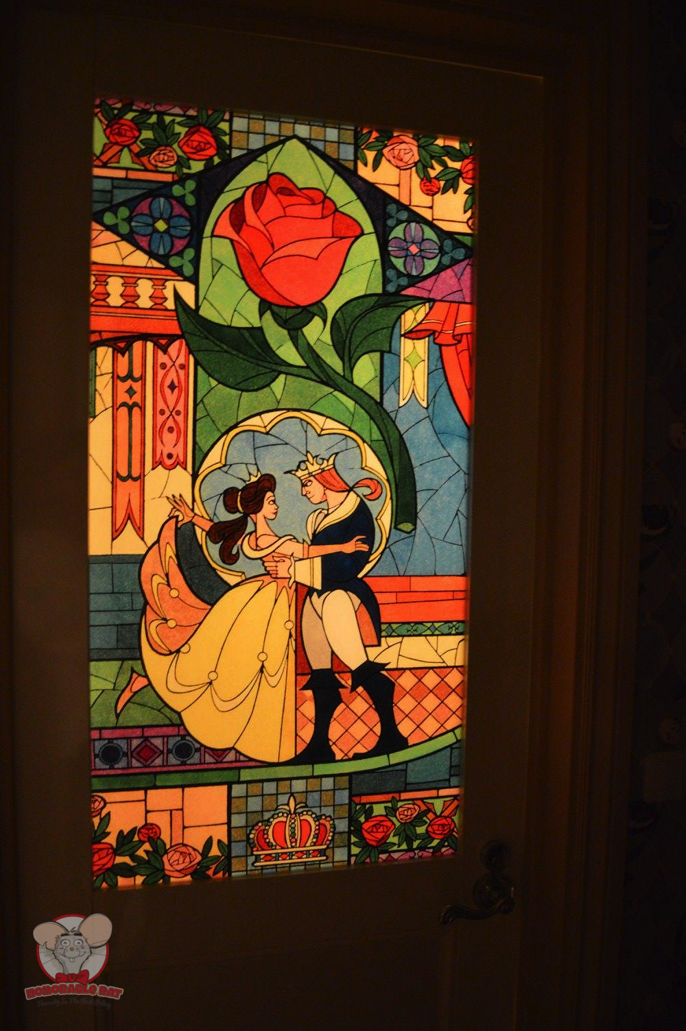 Closer look at the stained glass on the toilet door