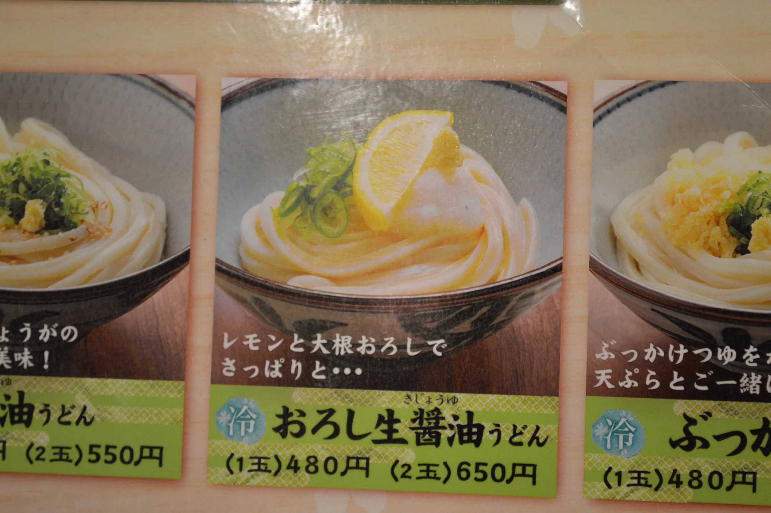 Oroshi Kijyouyu Udon for 480 yen (Normal), 650 yen (Large)