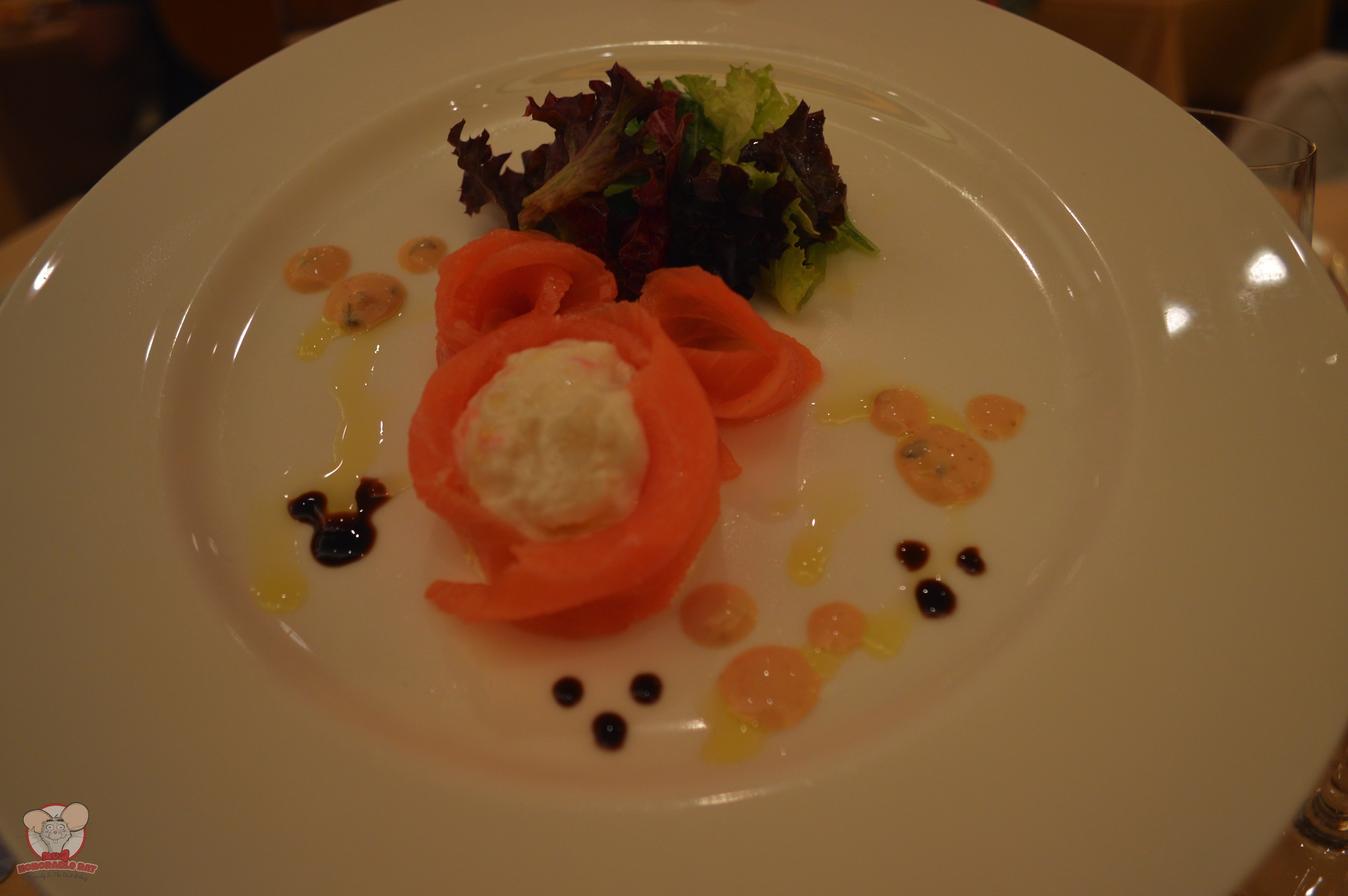 Kid's appetizer: Mickey shaped Salmon with potato salad in the middle