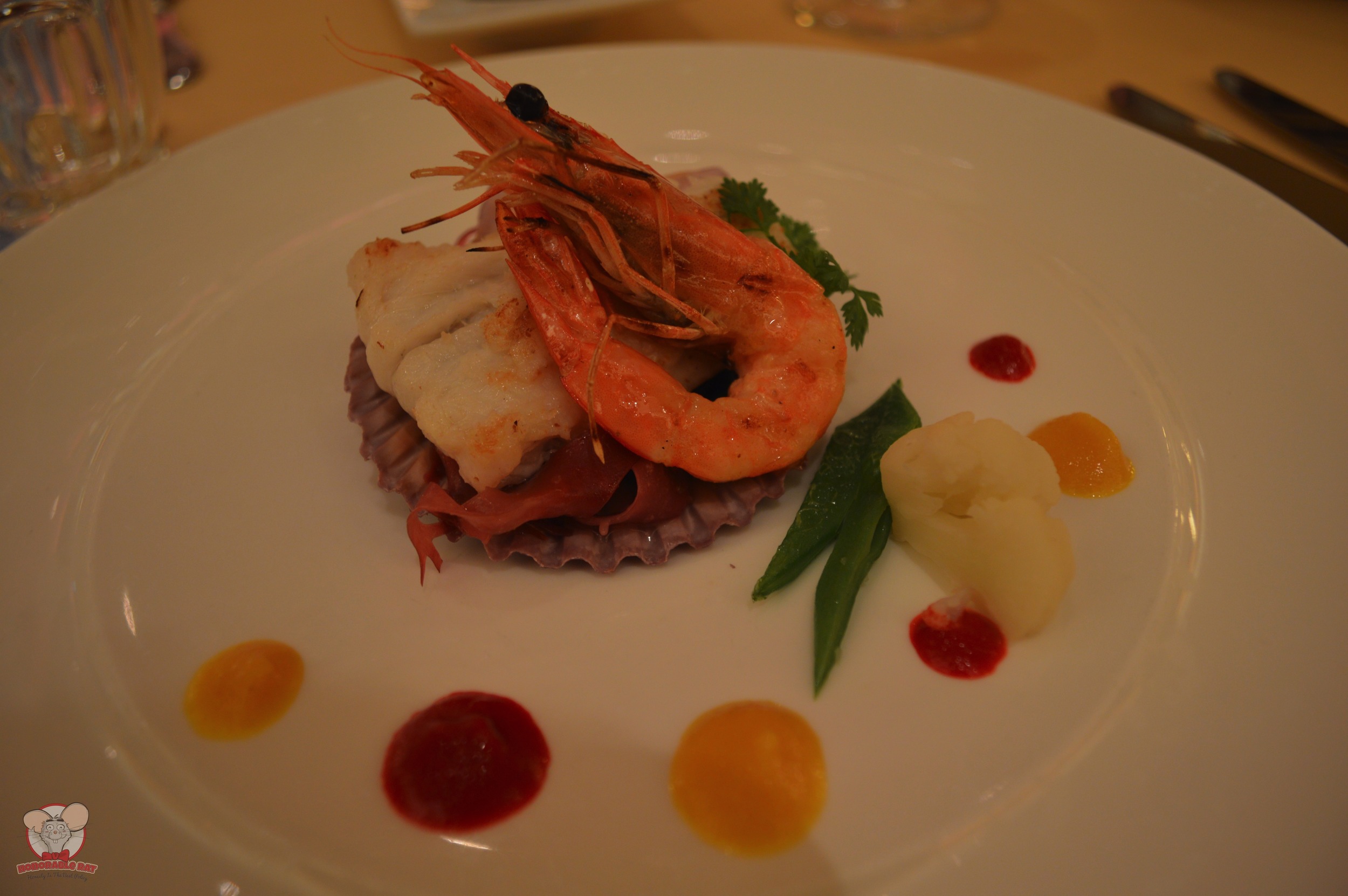 Grilled Fish of the Day and Angel Prawn with Mermaid Salad served with Paprika Sauce Duet