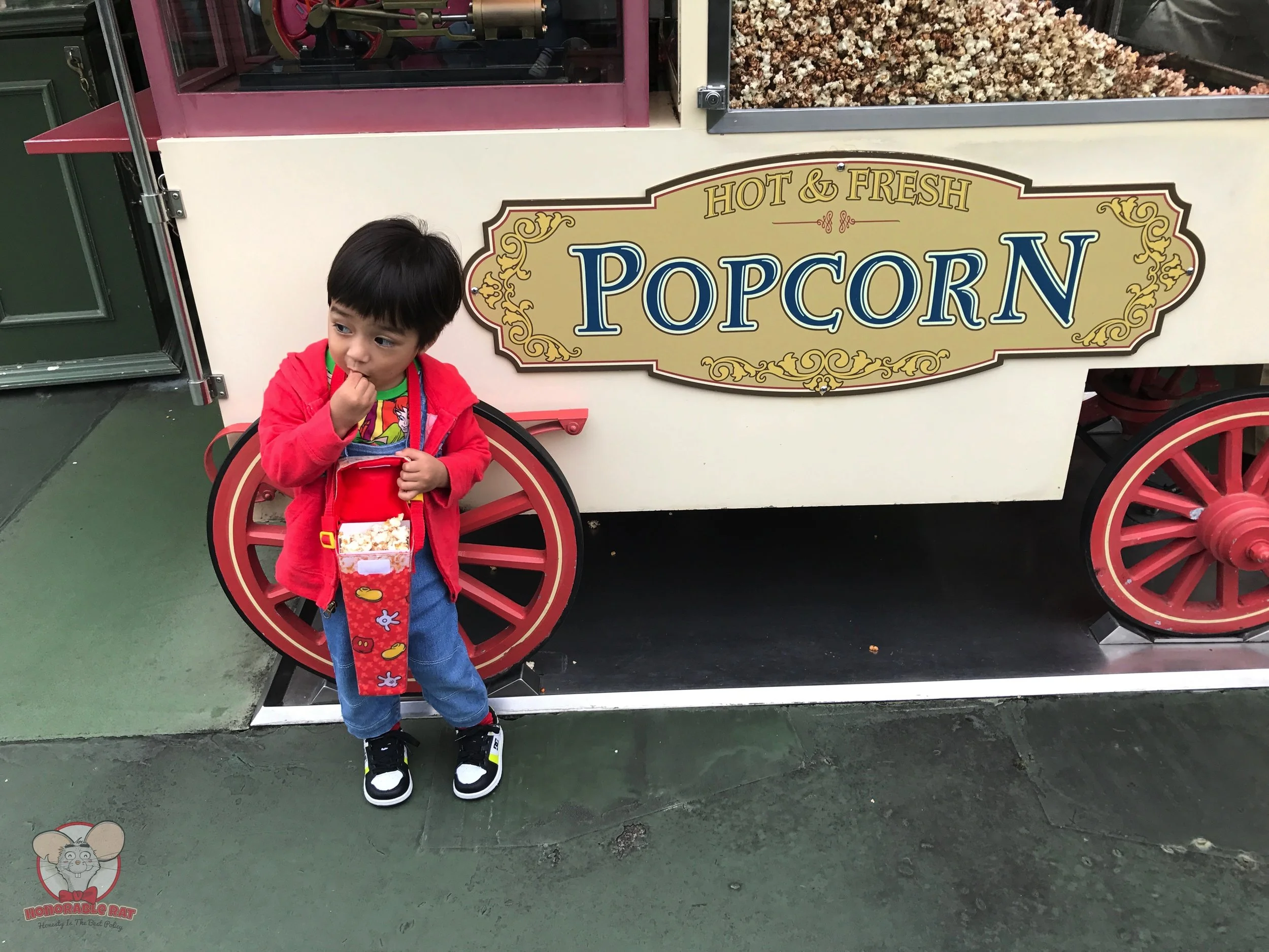 Baby Haku posing in front of the Milk Chocolate popcorn cart