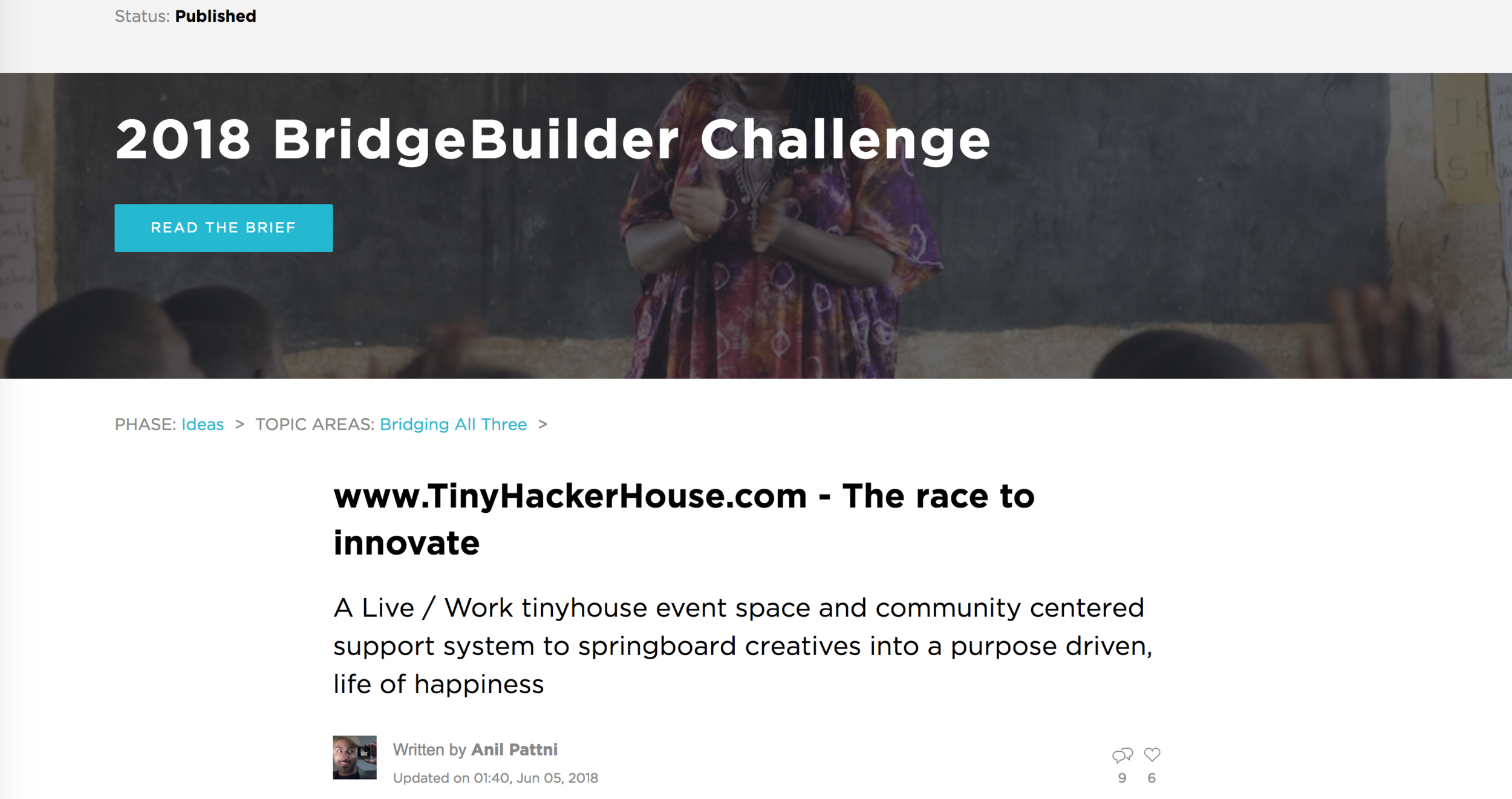TinyHackerHouse enters the @openideo #Bridgebuilder challenge to raise $1M funding.