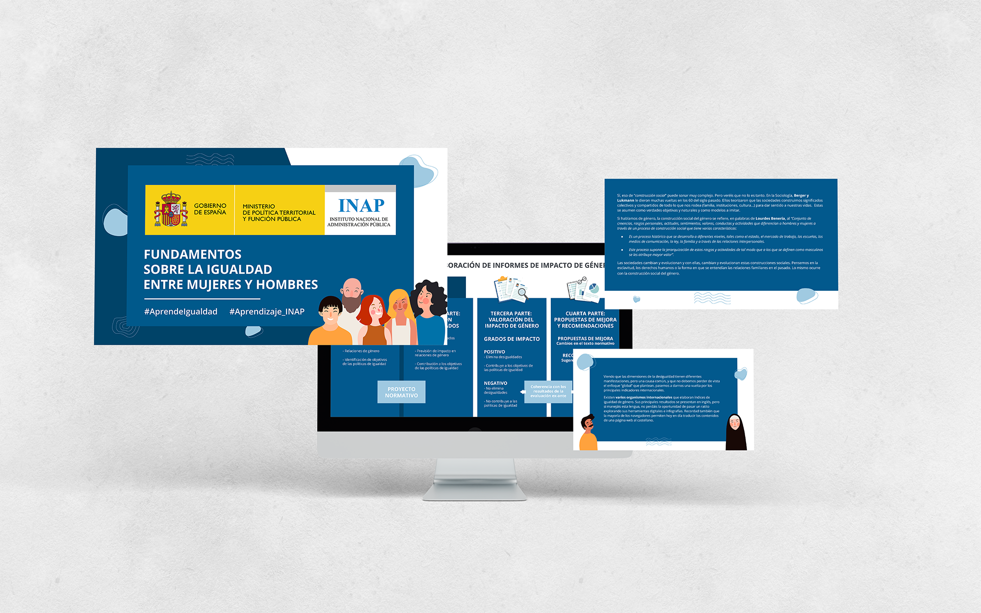 Mockup curso Fundamentos sobre la igualdad entre mujeres y hombres, I, II, III y IV edición