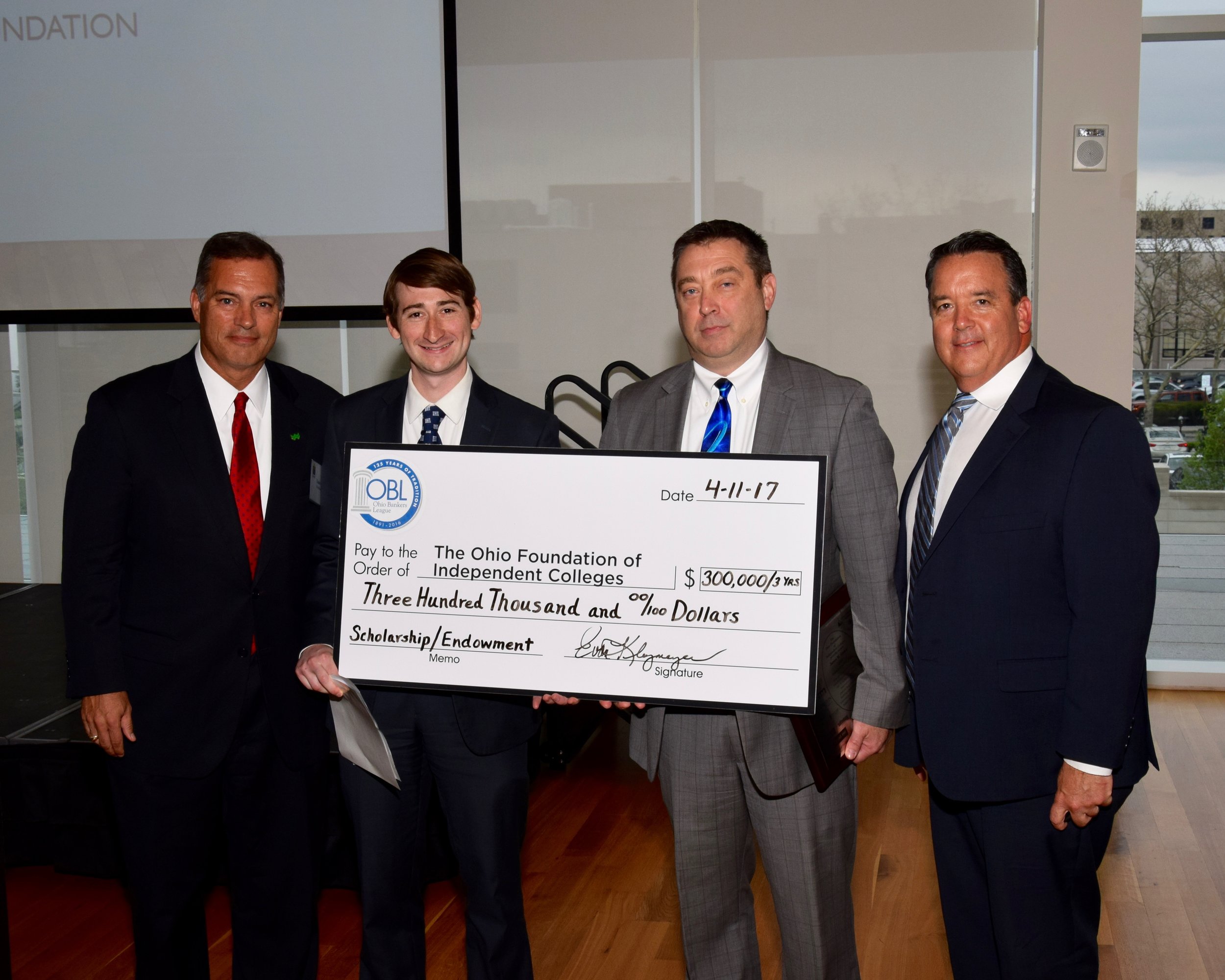 (L to R) Todd Clossin, President &amp; CEO, WesBanco and Chair, OFIC Board of Trustees,&nbsp;Evan Kleymeyer, Executive Director, The Ohio Bankers League Foundation,&nbsp;James M. GasiorPresident &amp; CEO, The Cortland Savings and Banking Company, B…
