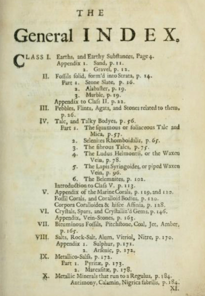 The "General Index" to Woodward's An Attempt Towards a Natural History of the Fossils of England (1728-29), xv. Image from archive.org .