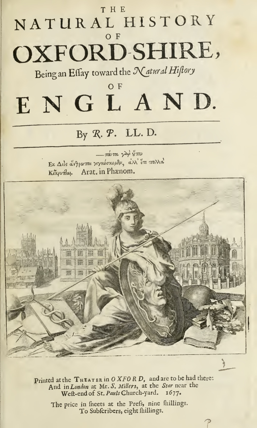 Robert Plot, Natural History of Oxford-Shire (London, 1677). Britannia is seated between the instruments of learning and the emblems of media.