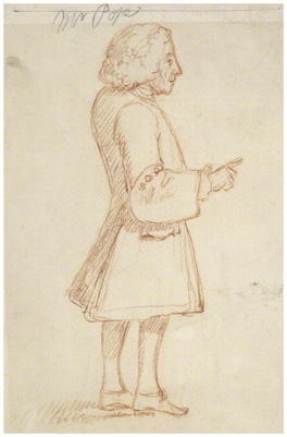 A hasty red-chalk drawing of Alexander Pope, taken (probably without his permission) by portraitist William Hoare, sometime around 1740. Original is in the National Portrait Gallery, London, NPG 873.