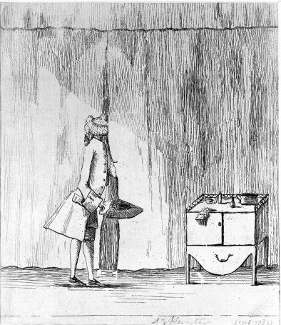 William Hunter, man-midwife, pays a visit to the scene of a lying-in. Original at the Wellcome Museum, London.