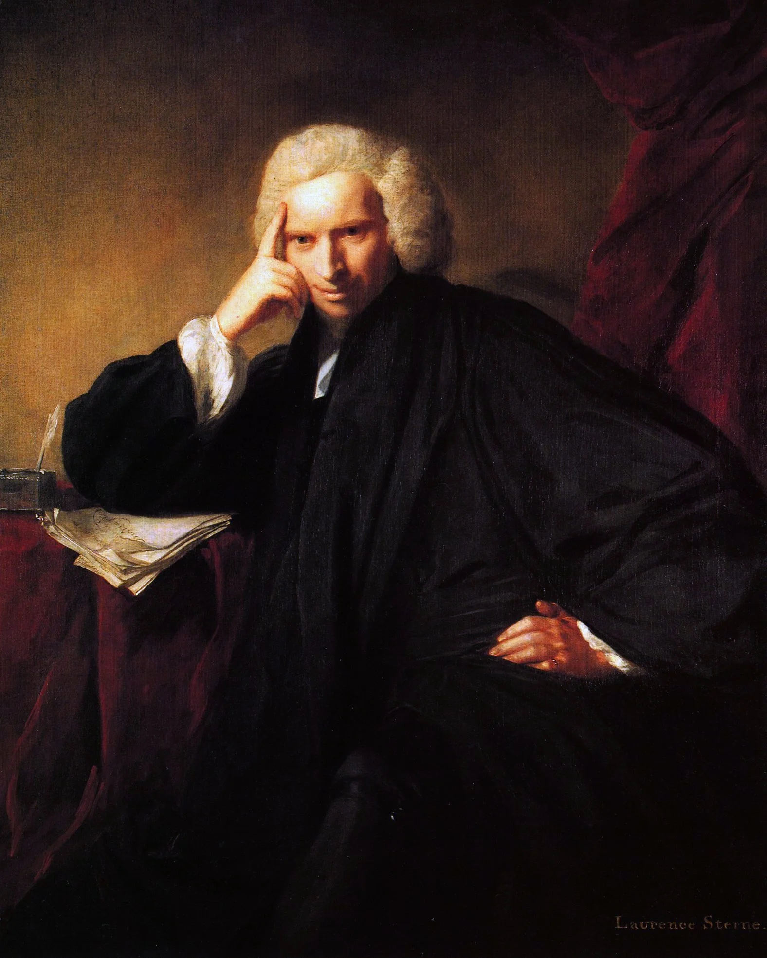 Laurence Sterne, by Joshua Reynolds. Original at the National Portrait Gallery, London (NPG 5019). We usually assume that under Sterne's elbow is the finished manuscript of the first two volumes of his Tristram Shandy -- but, as it is a book that famously struggled to get started, it might just as well be that we are capturing him, here, having just conceived it.