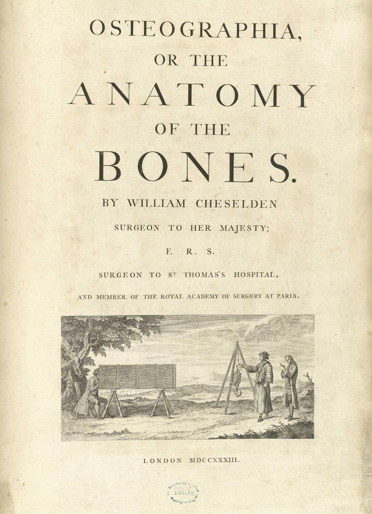 Cheselden, Osteographia (1728), Title Page. Image from National Library of Medicine.