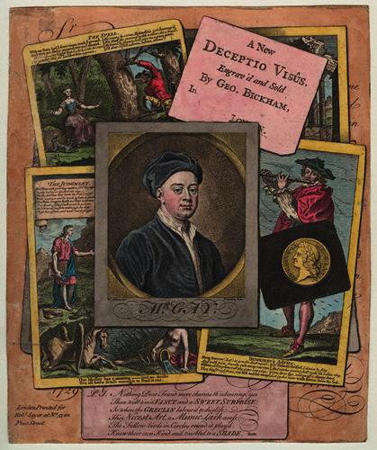 John Gay, by George Bickham, Sr, "A New Deceptio Visus" (ca. 1729). Photo by Curator. Many copies have survived, for instance National Portrait Gallery, NPG D9490 .