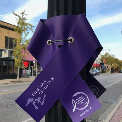 Purple ribbons line Clark Street in Andersonville in honor of November’s Alzheimer’s Awareness Month.