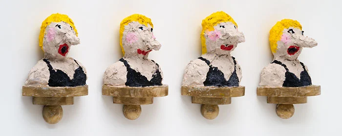 Four Bust-Ed Blonde Bullies, Pulp Paper on Wooden Pedestals, each piece is approx 14x9 8", 2013
