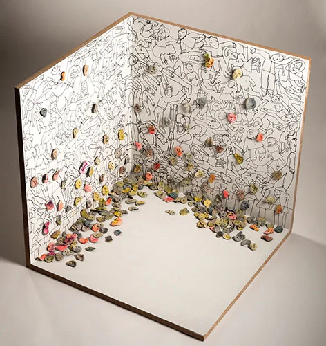 Losing Face, Ceramic, Ink, Spray Paint and Board, Mock-up for large installation, 24"x24"x24", 2014