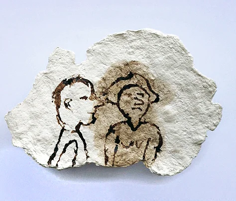 He Was In Her Space, 2014, Ink on handmade paper, 4”x3”