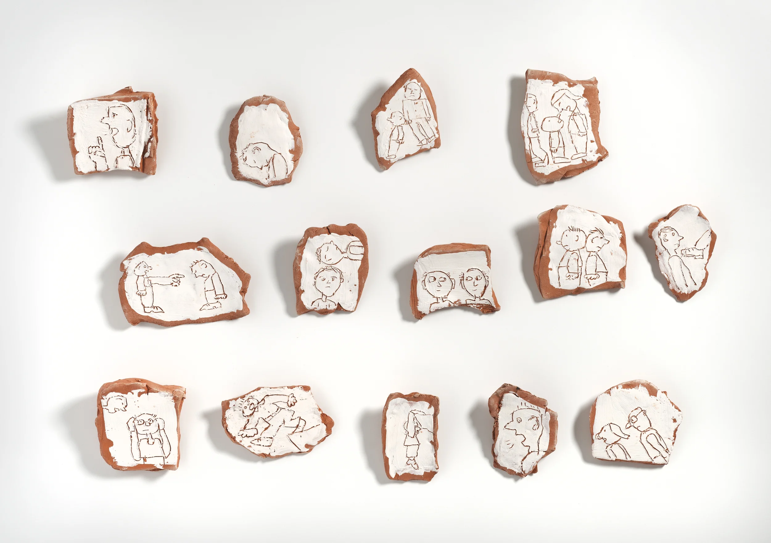 Short Stories That Don't End Well, 2014, Each approximately 5" x 5", Clay Slip with Sgraffito on Earthenware