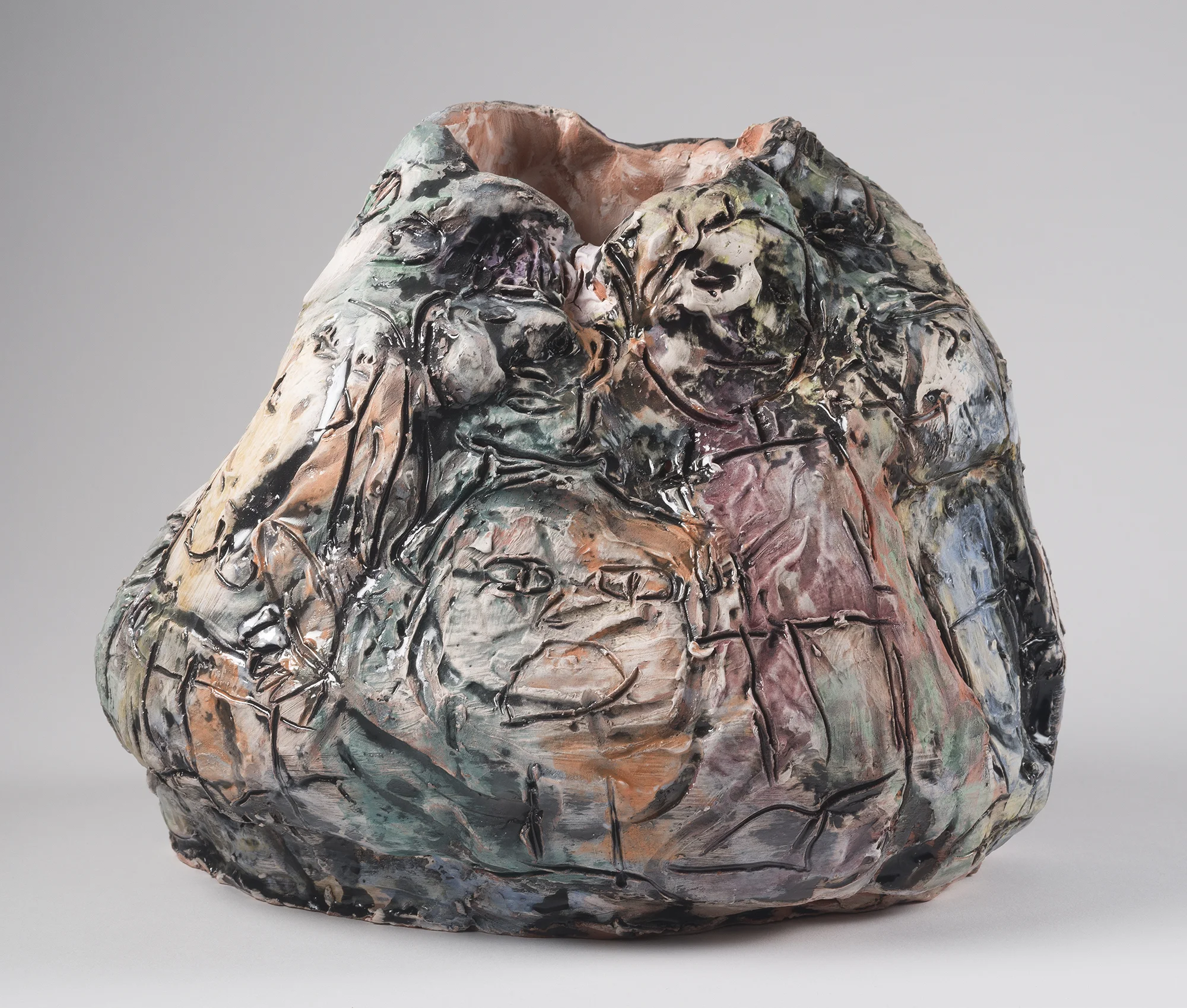 Bag O' Goodies and Baddies (view 2), 2015, 14"x14"x14", Earthenware with Underglaze and Majolica