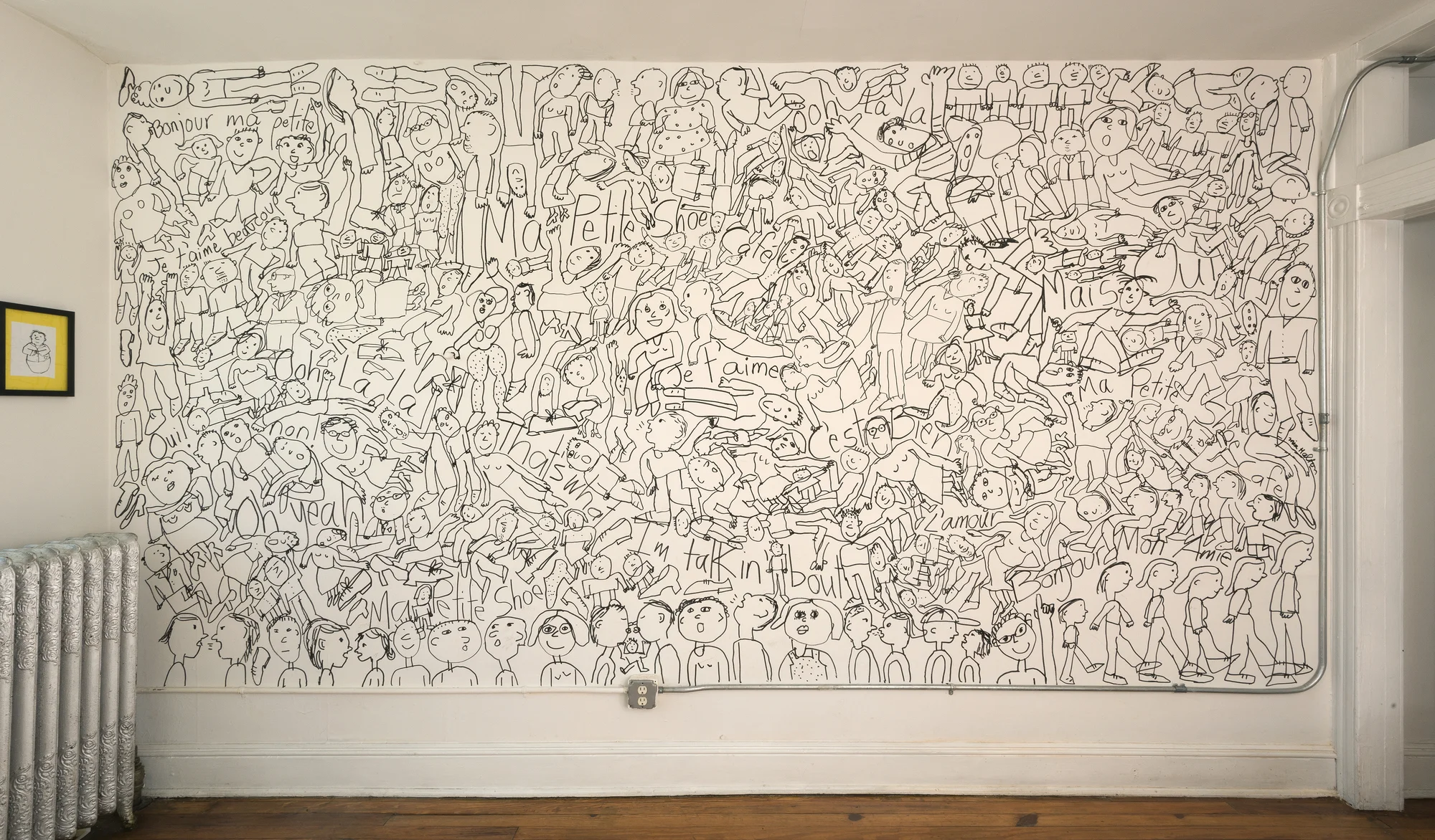 Us, oh yeah, 2015, 15'x 8', Marker on wall (Installation / Ma Petite Shoe + Cafe)
