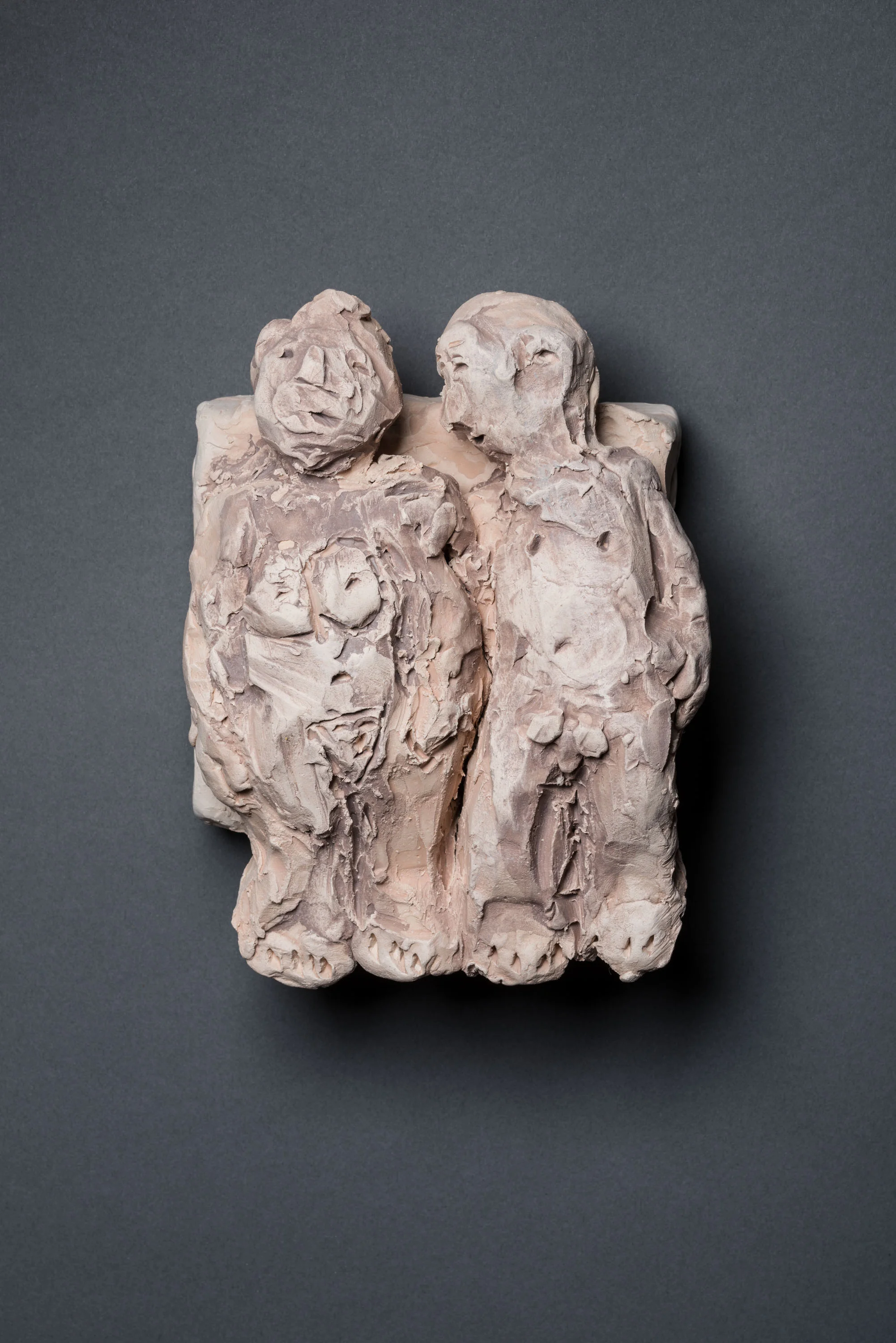 "Architectural Details 3", 2018, lowfire white clay with underglaze, each sculpture approx. 10" x 10" x 4"
