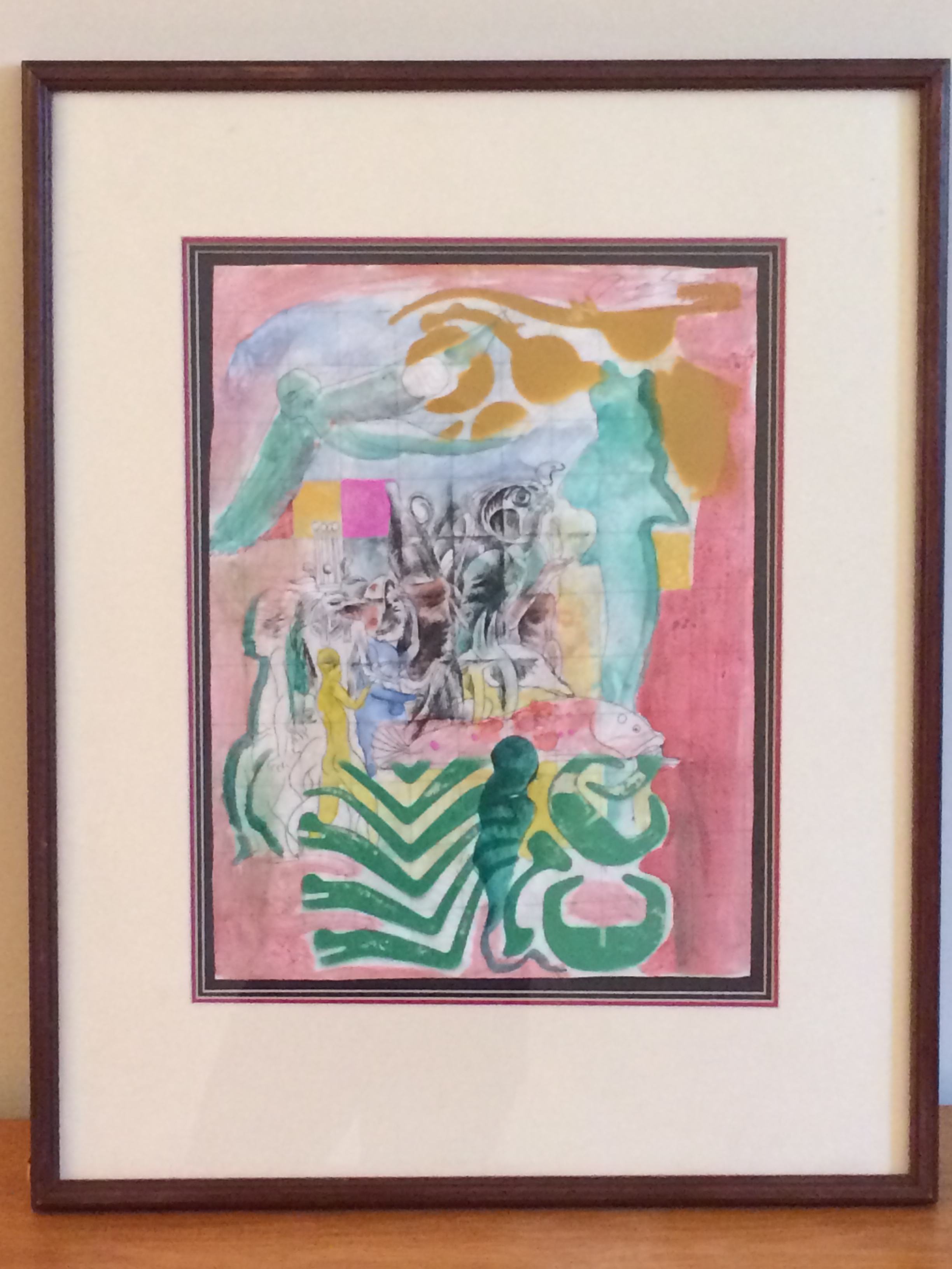 “1989 Egyptian & Grid.” Noel Rockmore. Watercolor and Pen. 13″ w X 17″ h, framed. Value: $1,500.