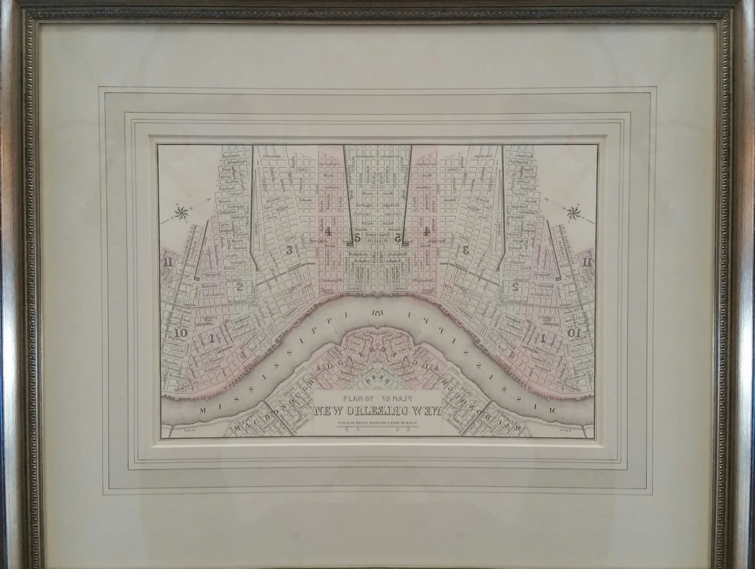 Samuel Augustus Miller, Jr., "Plan of New Orleans", hand-colored engraving, 8"x10", c. 1884, value: $250