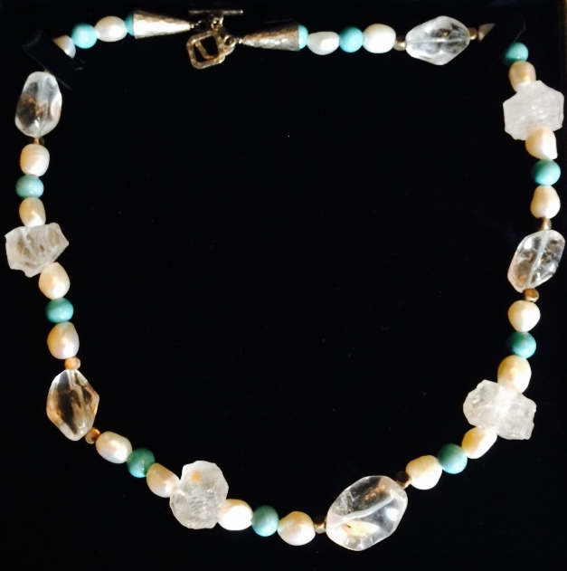 Joaillerie by Ned, Necklace of white baroque pearls, rock crystal, turquoise, and sterling silver, Value: $395