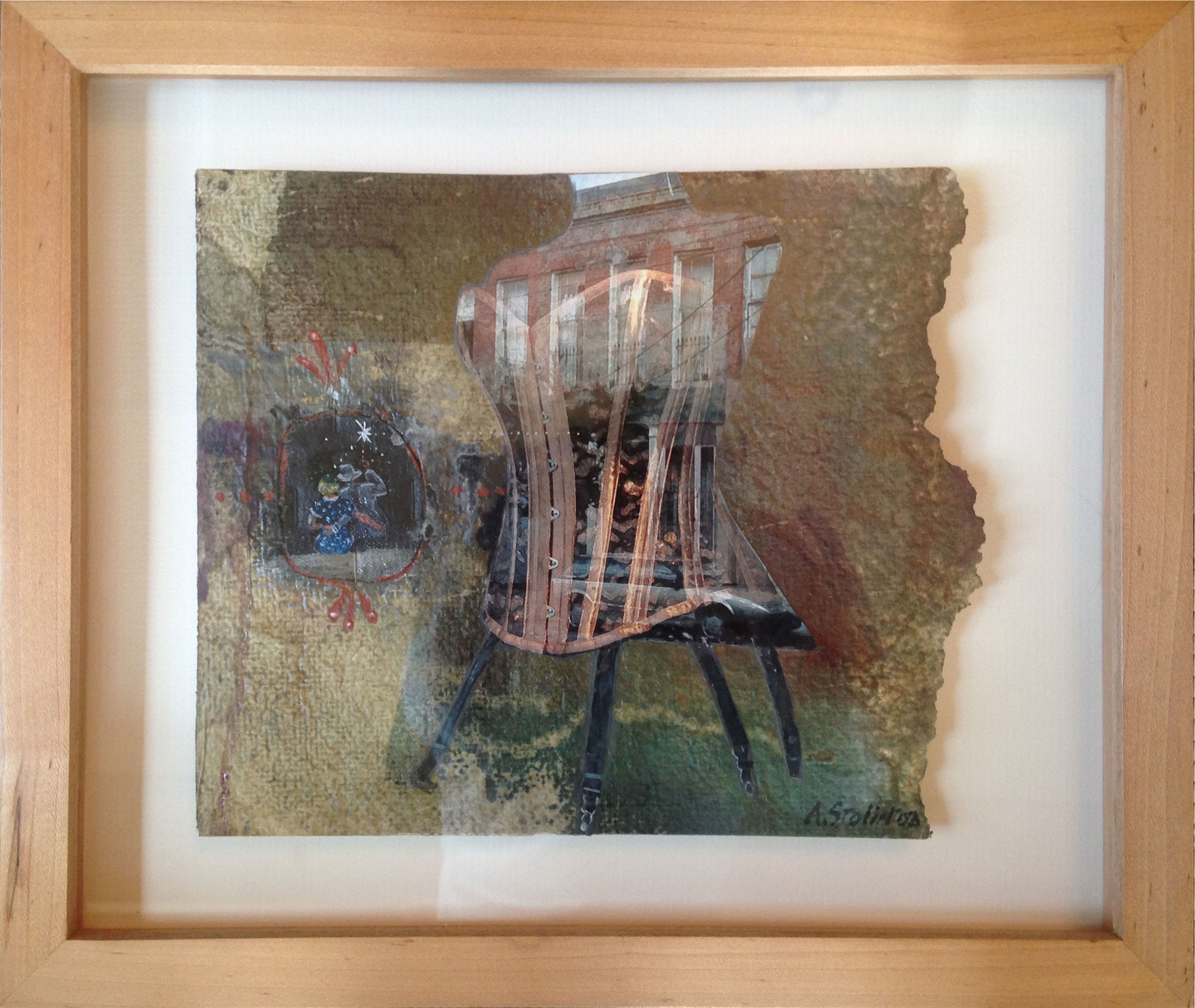 Framed collage by A. Stolinoa, mixed media, 10.5"X12.5" 