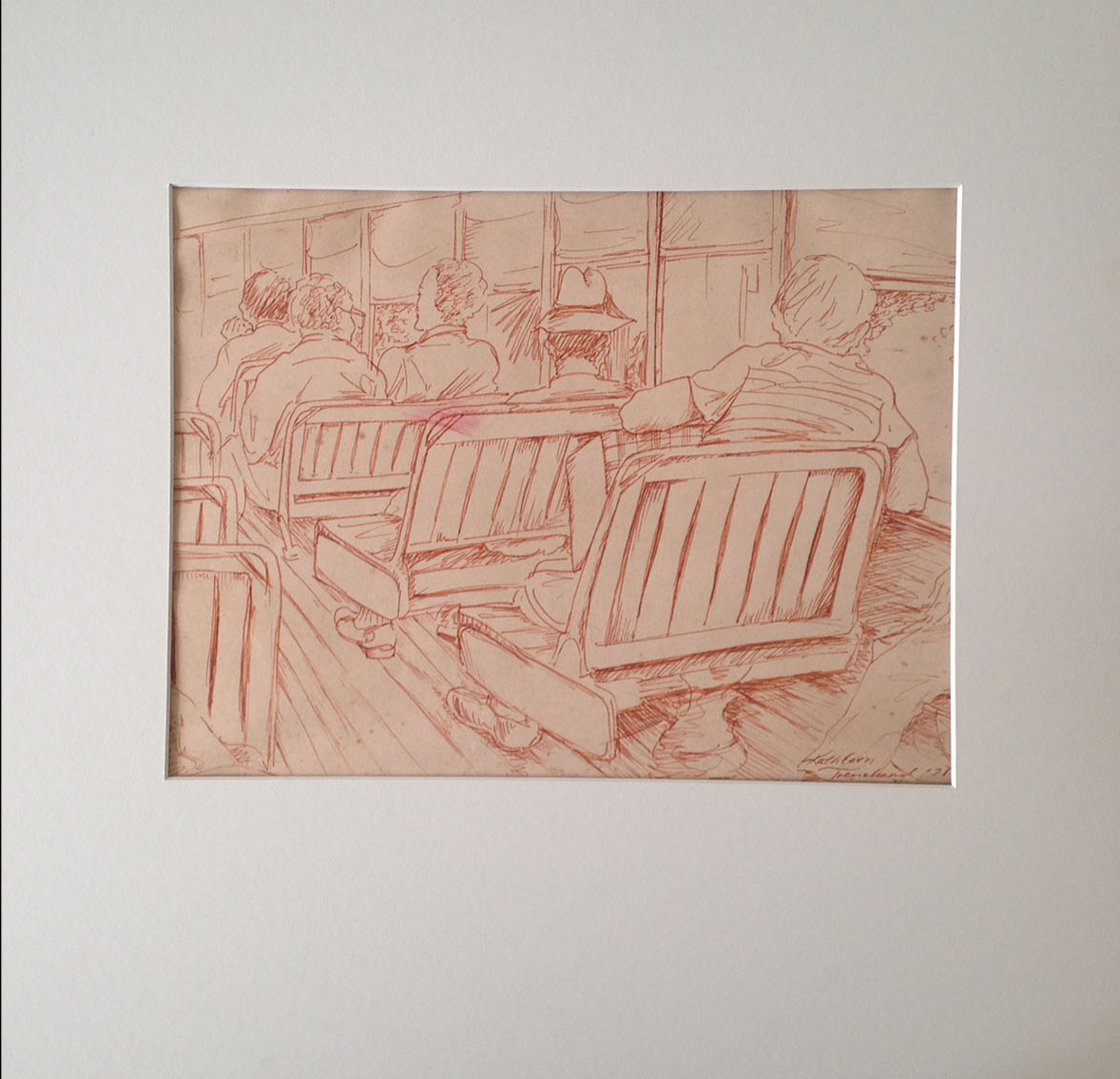Two drawings of scenes on the St. Charles Avenue streetcar by Kathleen Trenchard, 16"X16" matted, value: $300 (Donated by Louis & MaryLen Costa)