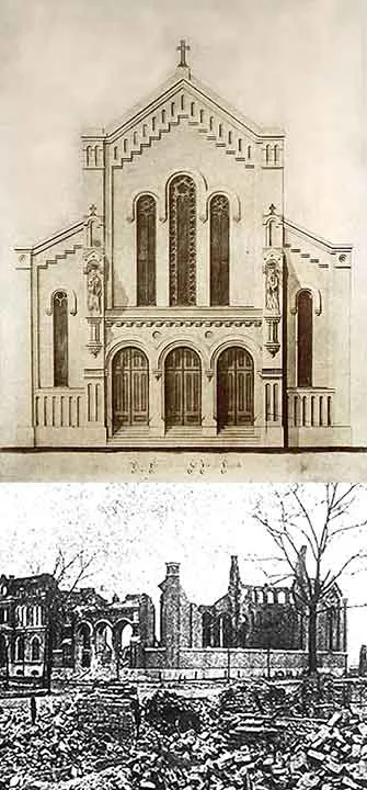 Rendering of the basilica-style St. Joseph Church as it appeared in 1862 at the corner of Chicago Avenue and Rush Street , and after it was destroyed in the Chicago Fire (click to enlarge).