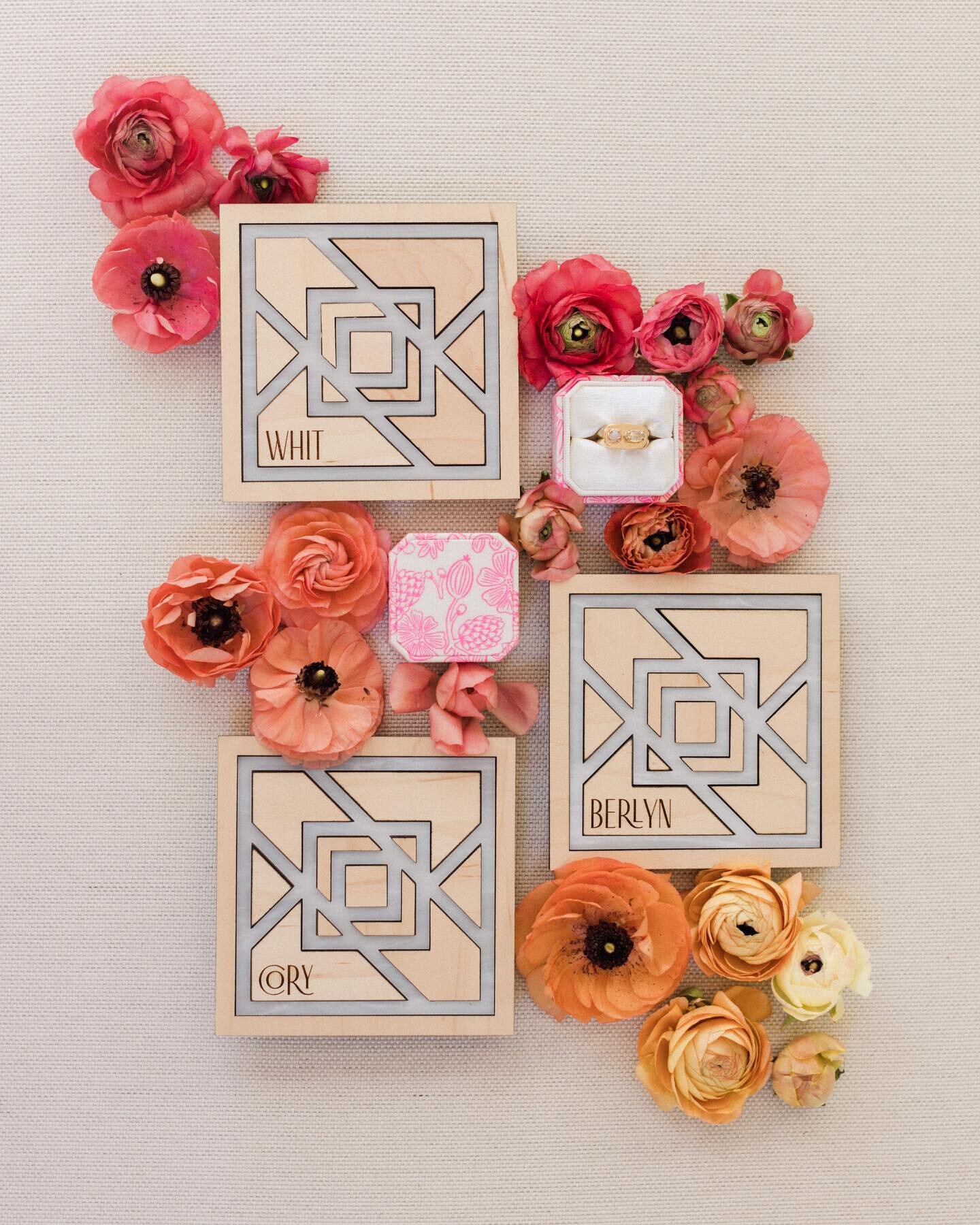 I love this concept for place cards- custom etched wood coasters with marbled acrylic inlay. These were for a styled shoot, and the execution was rushed (my own fault) so I could not get the sizing just right - a snug inlay with two different materia