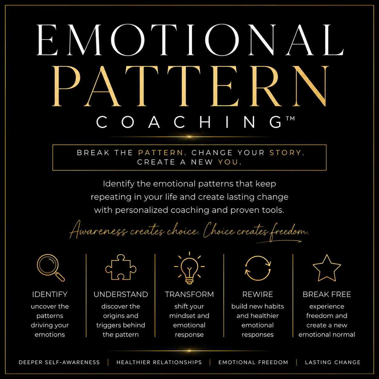 The Emotional Pattern Coaching session is a 1:1 coaching experience designed to help you uncover the emotional patterns and beliefs that influence your thoughts, decisions, and responses.