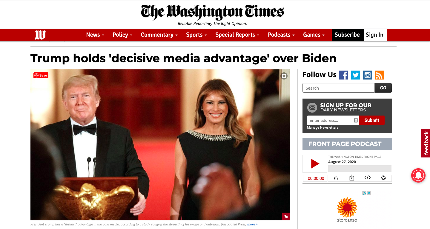 Washington Times: Trump holds 'decisive media advantage' over Biden