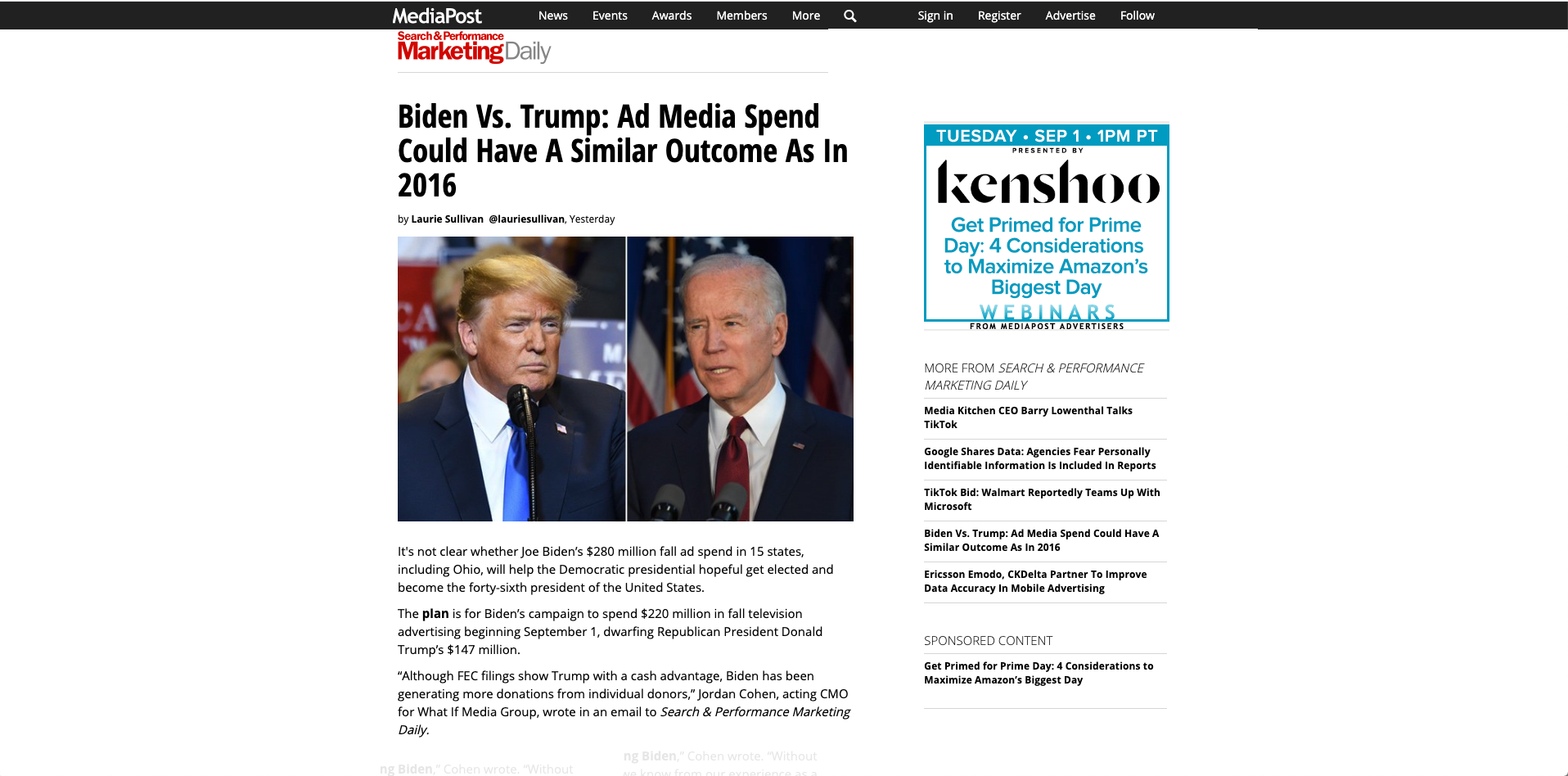 MediaPost: Biden Vs. Trump - Ad Media Spend Could Have A Similar Outcome As In 2016