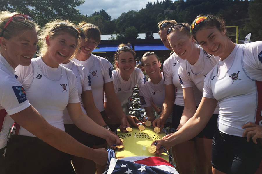 With members of the gold medal-winning USA Women's 8+ at the 2015 World Championships in Aiguebelette, France.