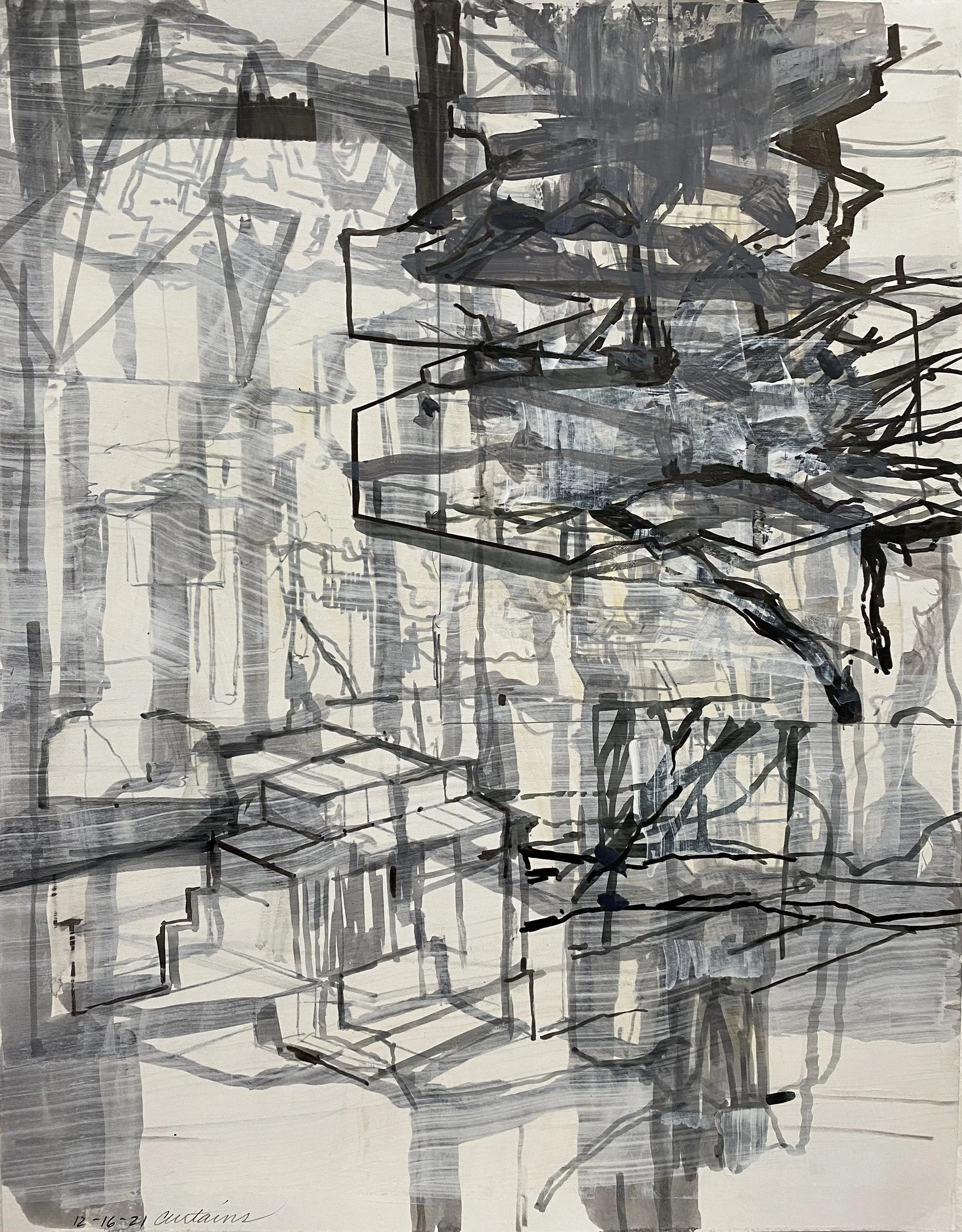  Curtains
 
Mixed media on paper, 14 x 11 inches
 
Private collection