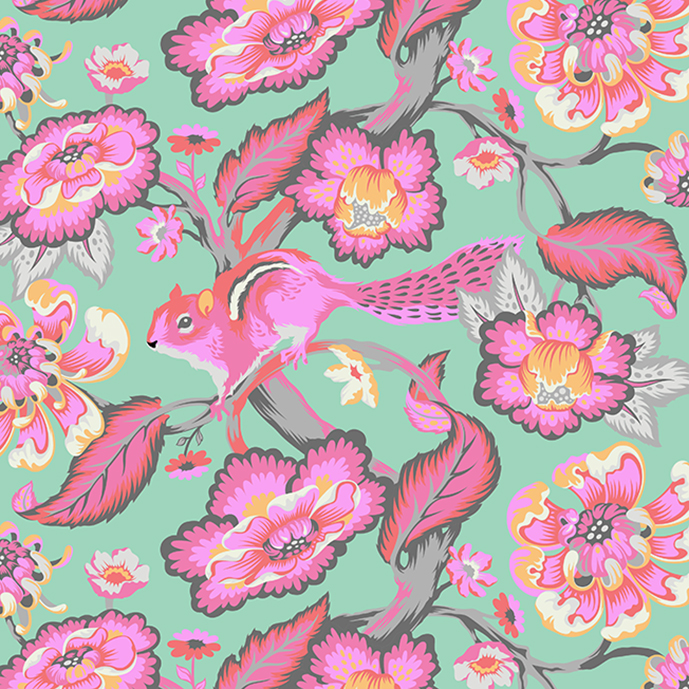 By 1/2 Yard ~ Free Spirit Tula Pink Fabric Chipper ~ Fox Nap Sorbet ~ aqua pink