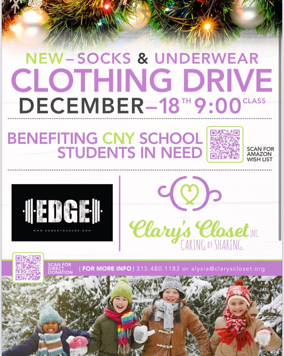 Tis the season for giving! Join us Sunday, December 18th at 9AM for a donation bootcamp to help local CNY students. We will be accepting new underwear, socks, hats and gloves for @clarysclosetinc
#donationbootcamp #giveback #edgesyracuse #edgefamil