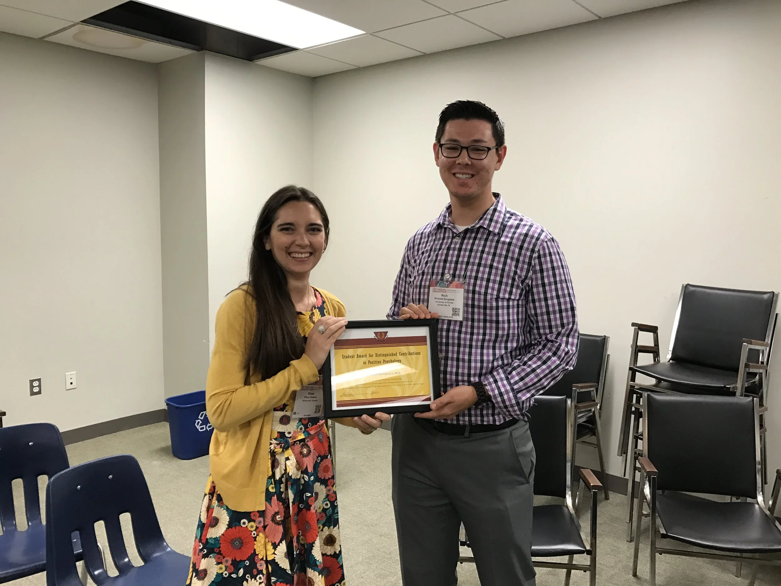 Richard Douglass winning the Student Award for Distinguished Contributions in Positive Psychology