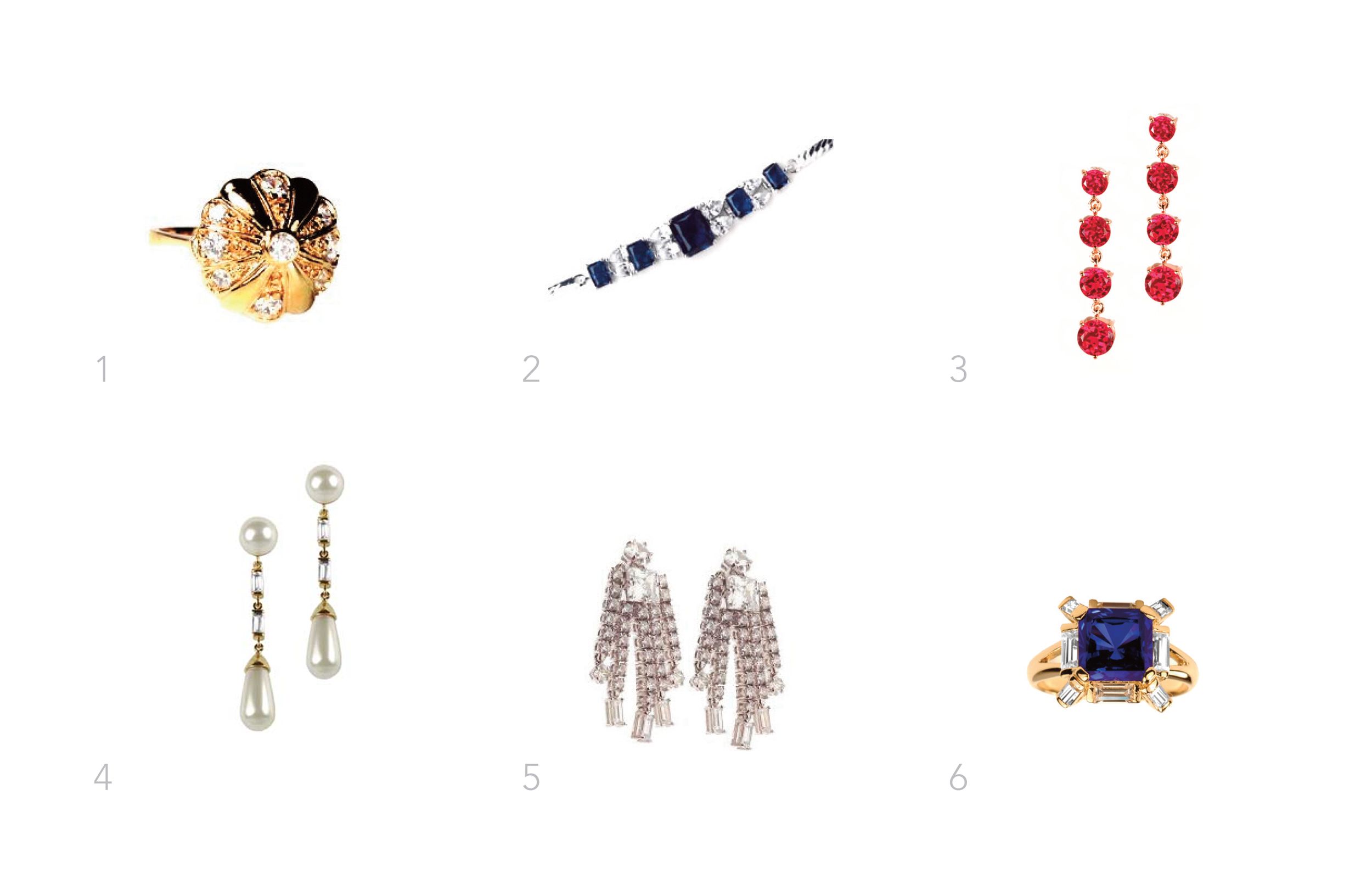 Marilyn Monroe Collection 1. Famous fan ring 2. Royal Sapphires and Diamonds bracelet 3. Ruby drops 4. Pearl and diamond droppers 5. "Best Friends" earrings 6. Jungle sapphire ring