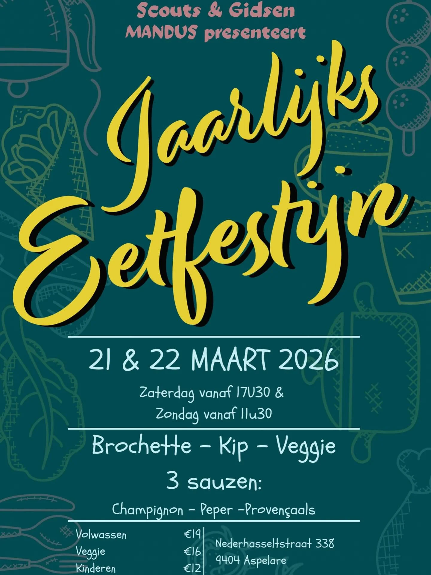 Bikke bikke bikke&hellip; hap hap hap!

Het is weer zover! Op 21 en 22 maart 2026 zetten we met veel enthousiasme de tafels klaar voor ons jaarlijks eetfestijn.

Kom gezellig smullen van sappige brochettes, heerlijke kip of laat je verrassen door ons