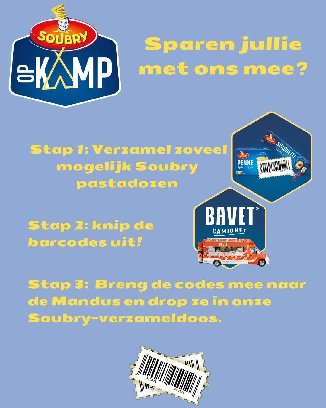 Oproep: Help Scouts &amp; Gidsen Mandus Aspelare aan een berg gratis pasta! 🍝⚜️

Krijgen jullie ook al kampkriebels? Wij wel! En omdat we op kamp natuurlijk een bende hongerige magen moeten vullen, doen we dit jaar mee aan de &lsquo;Soubry op Kamp&r