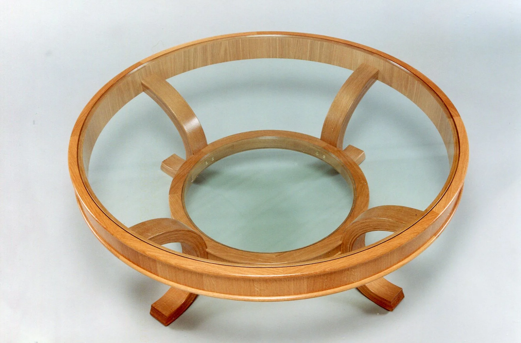Laminated Oak, glass top table