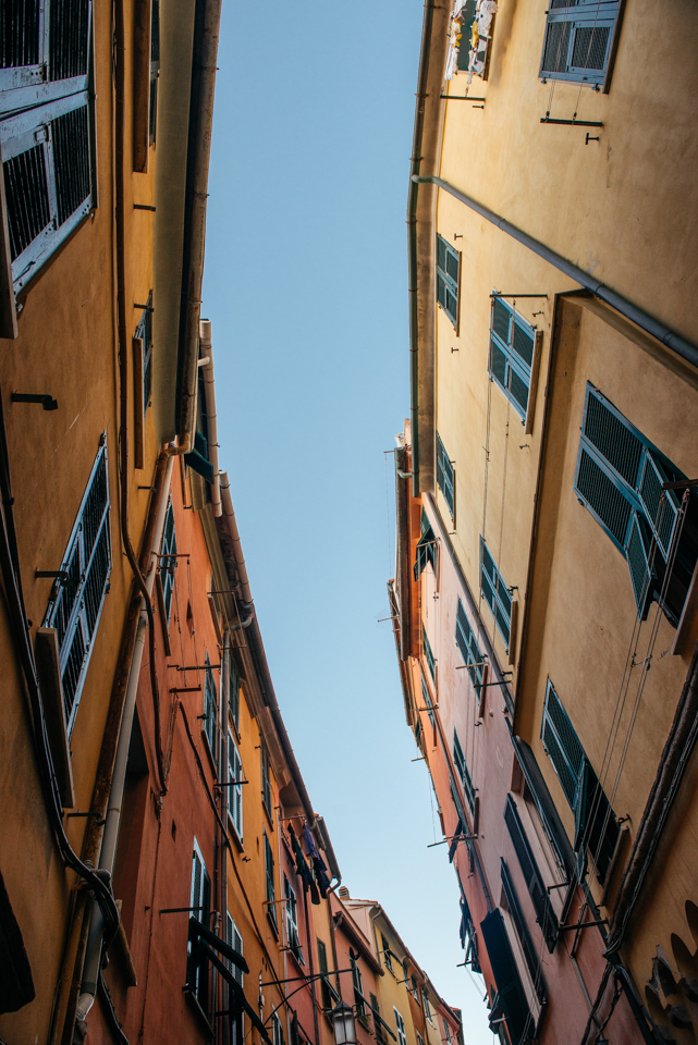 Looking up at the buildings on the narrow streets of Porto Venere