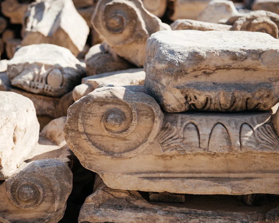 Original pieces from the Parthenon are categorized and wait to be placed back after fixing problem areas.
