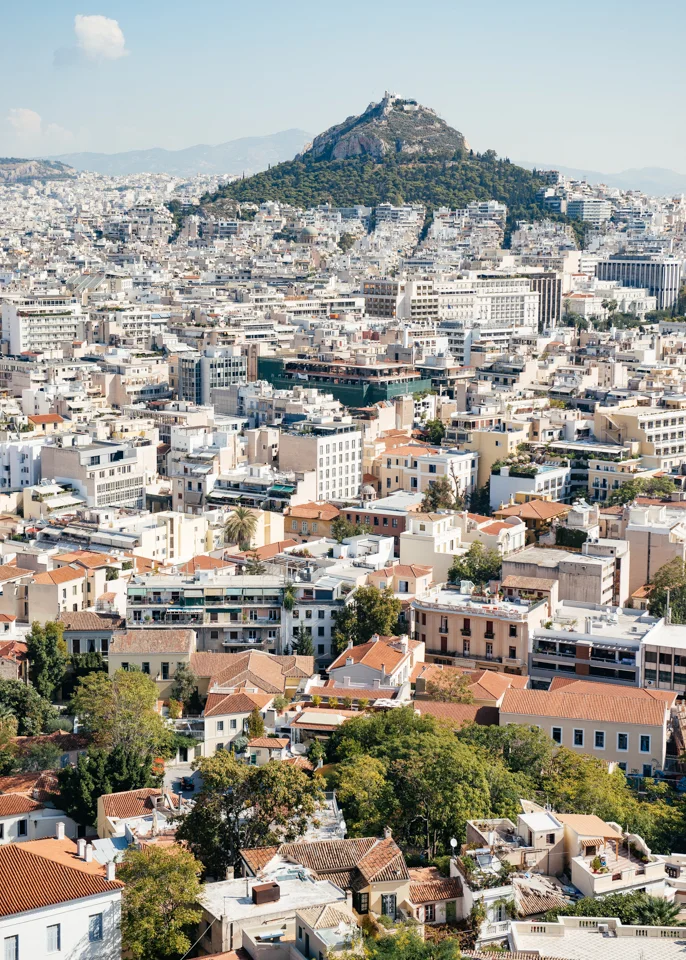 The view of Lycabettus Hill and Athens from the Acropolis. 