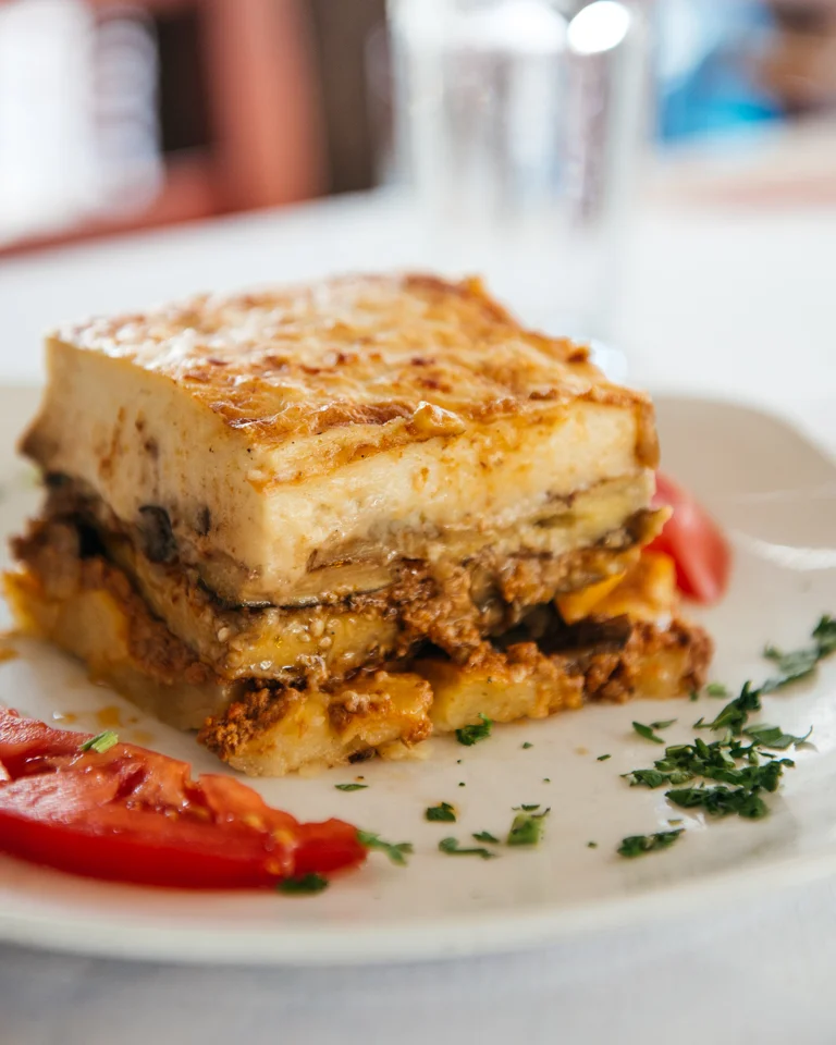Moussaka, a greek staple made with eggplant, minced meat, and a custard top.