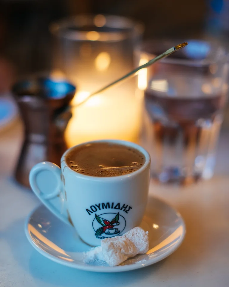 Greek coffee with a Greek delight candy.