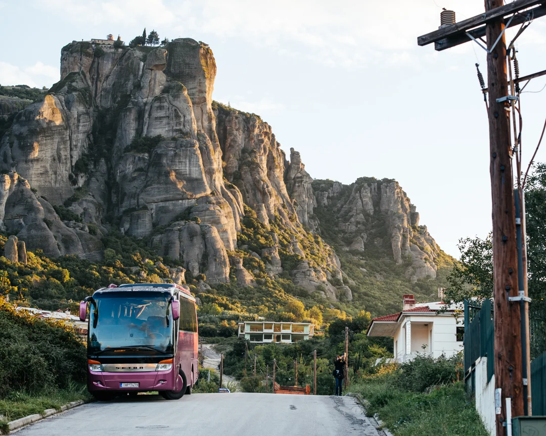 The view of Meteora's sandstone columns from the town of Kalambaka.