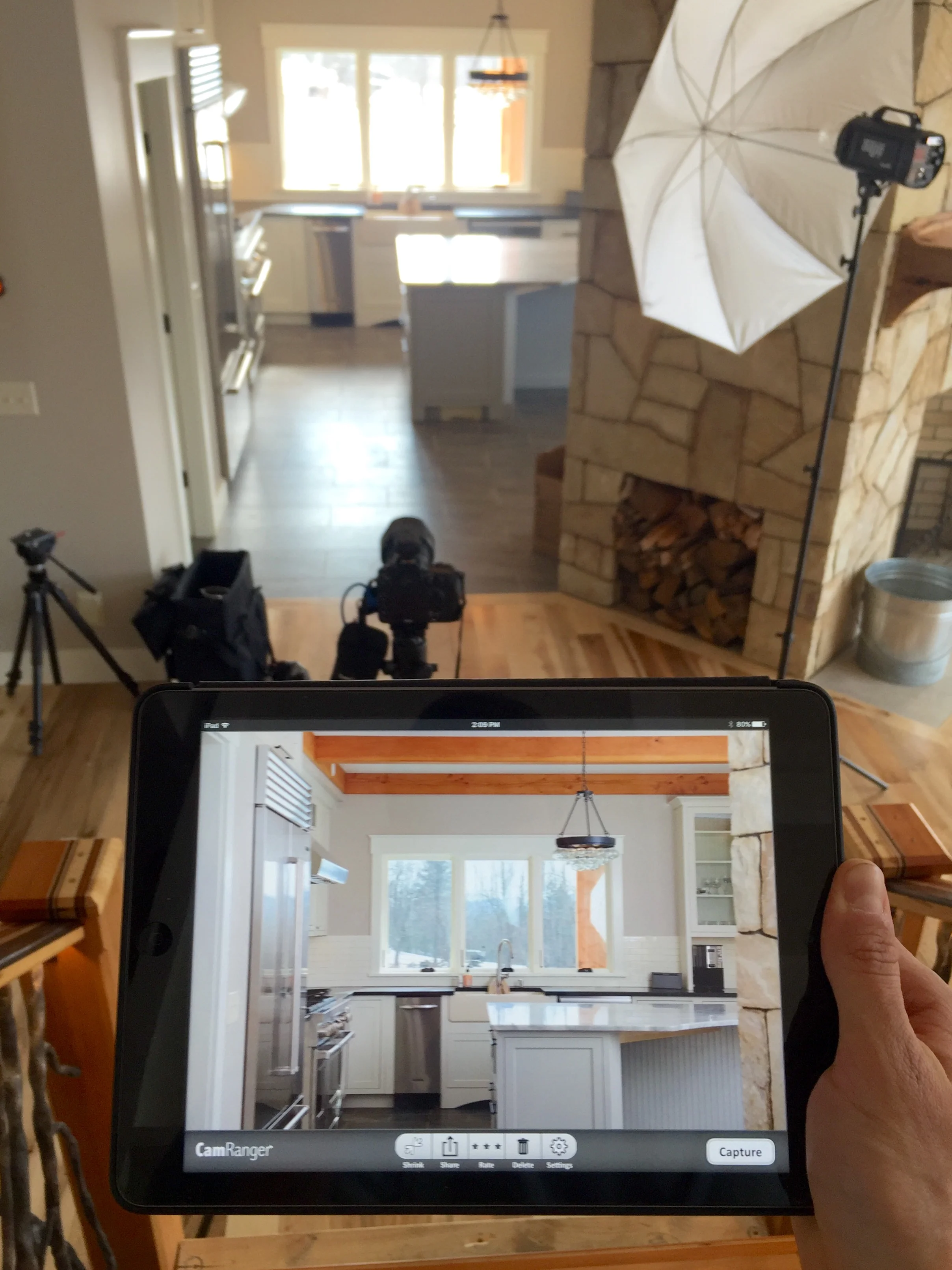 Behind the scenes, shooting the kitchen, as viewed through the CamRanger iPad app.